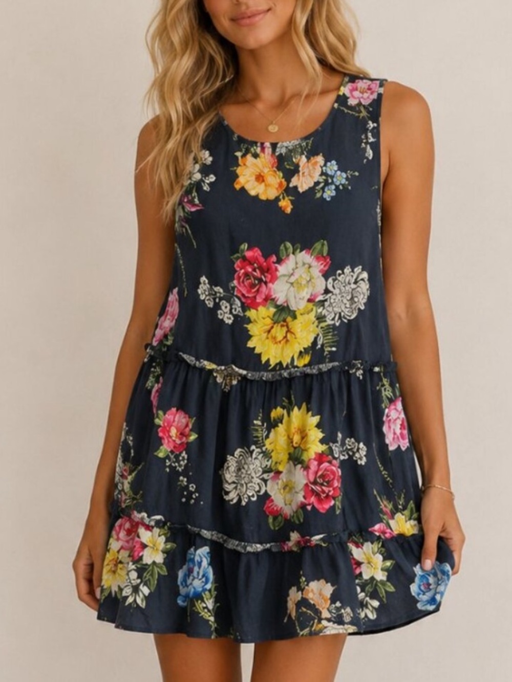 Le Ragazze Black Linen Romantic Floral Babydoll Mini Dress Small 8251